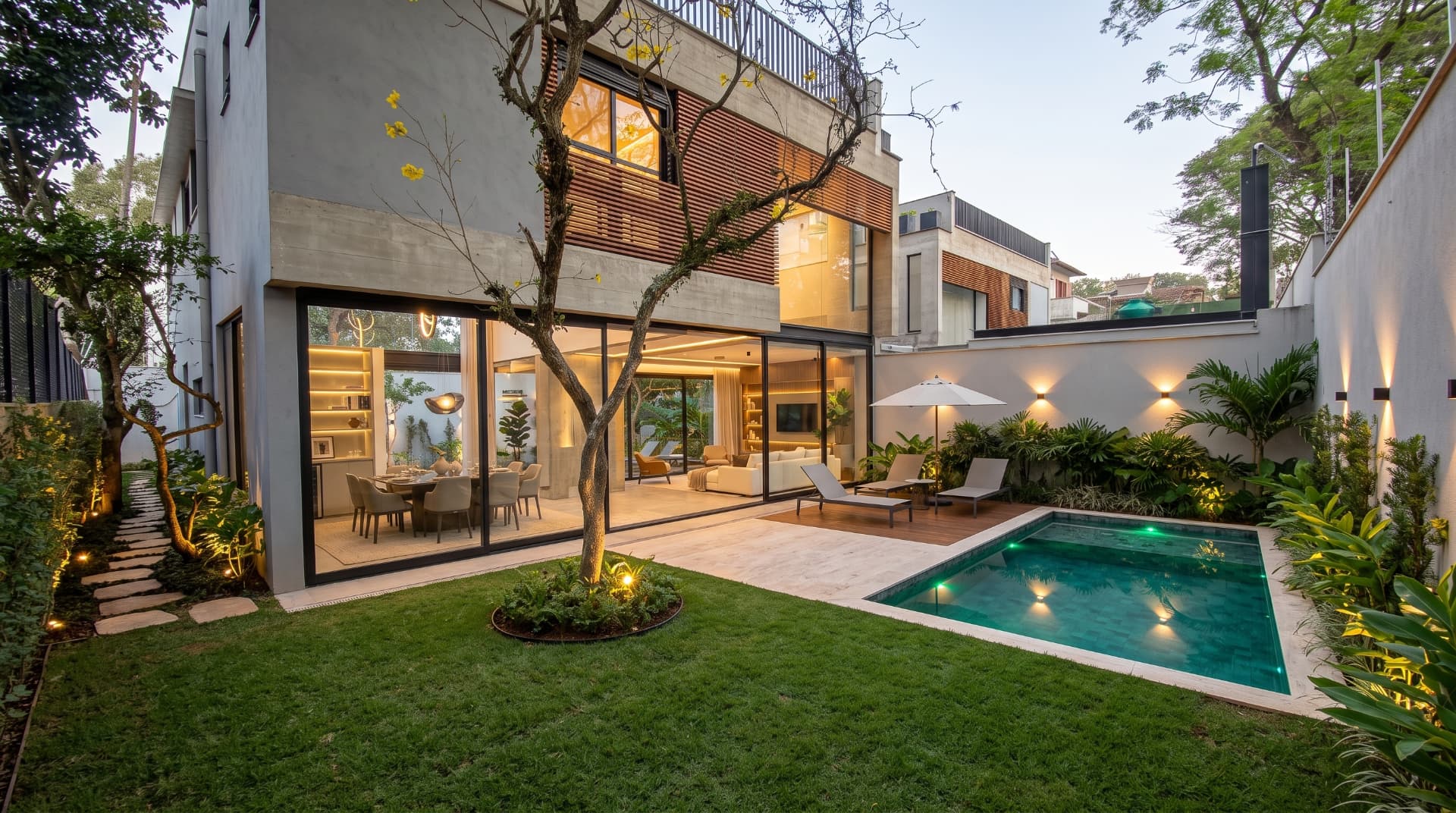 Jardim com piscina